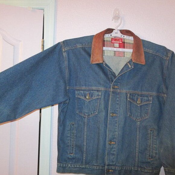 Vtg Marlboro Country Store Denim Trucker Jean Jacket Size XL Leather Collar West - Picture 1 of 12
